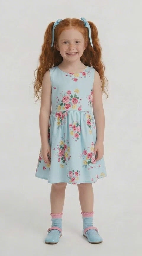Girls blue floral summer dress vintage rose print