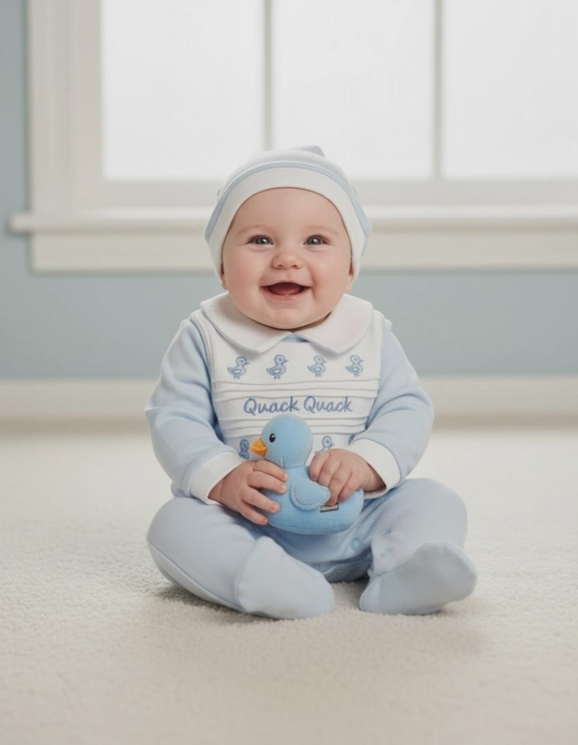 Nursery Time boys blue romper set with Quack Quack bib
