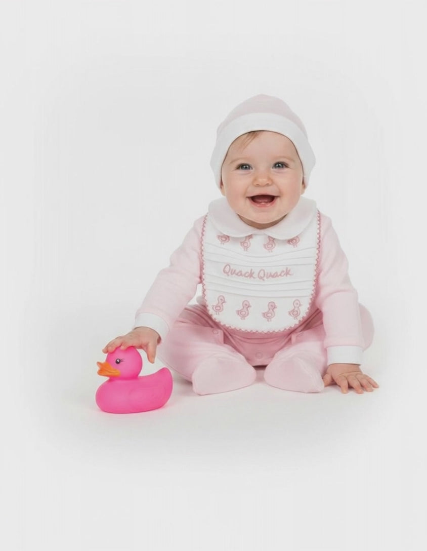 Nursery Time girls pink romper set with Quack Quack bib