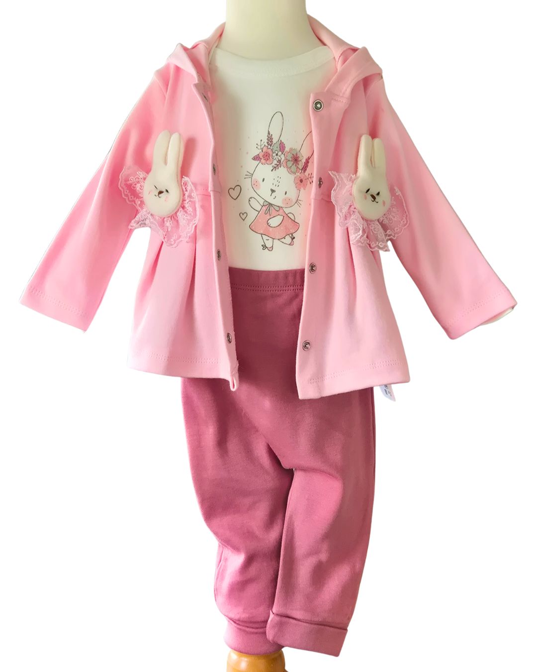 Girls rabbit appliqué 3 piece set with bunny ear hoodie