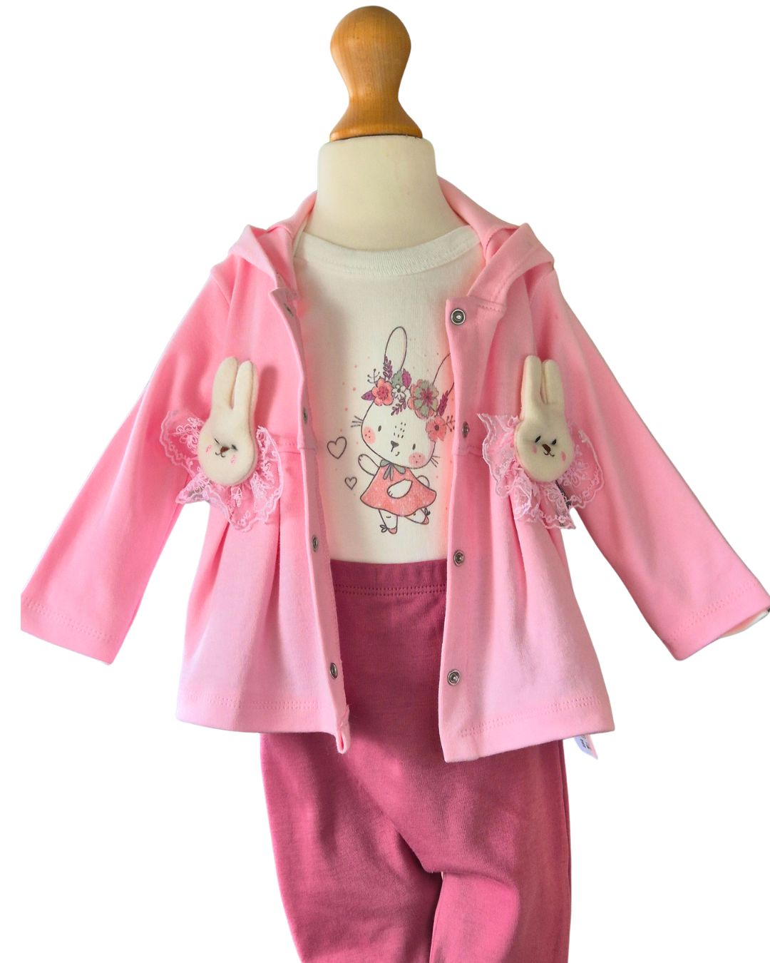 Pink girls bunny ear hooded top with 3D rabbit appliqués