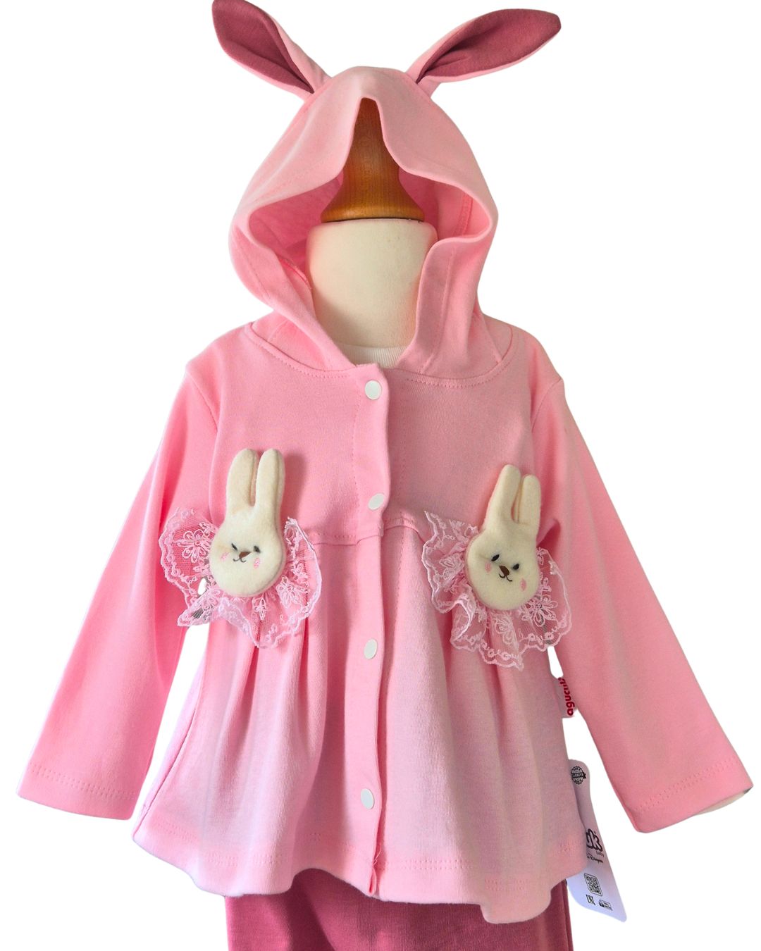 Girls pink bunny ear hoodie with swing hem