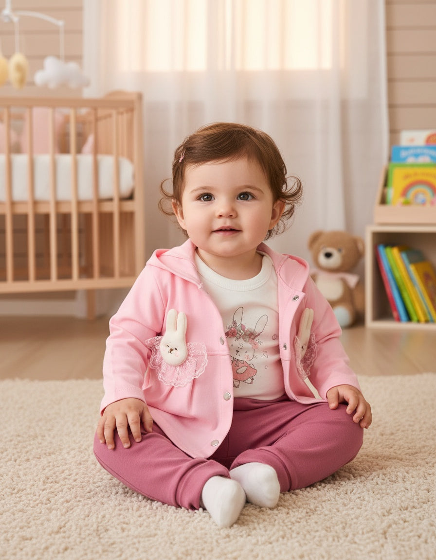 Girls ivory and dusty rose rabbit 3 piece outfit with bunny ear hoodie