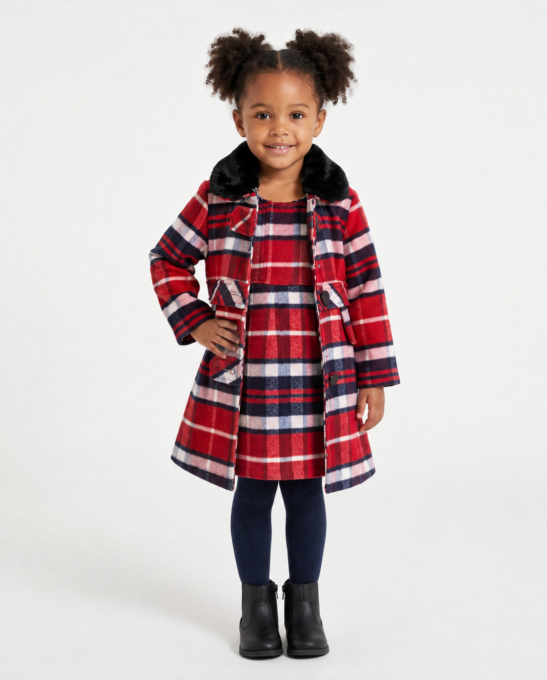 Girls’ red and navy tartan coat and dress set