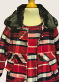 Red and black plaid coat with fur collar on a mannequin against a white background