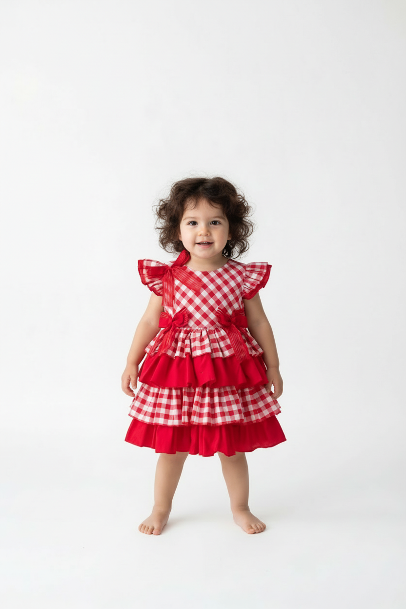 Child wearing a red checkered dress on a white background