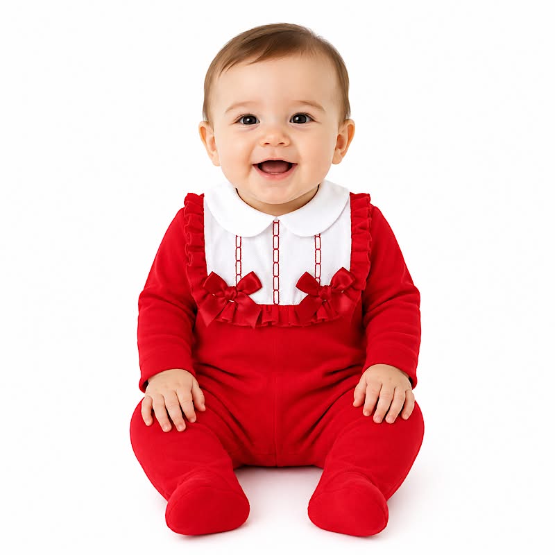 Red cotton baby sleepsuit with white frilled bib