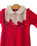 Traditional red baby sleepsuit with Peter Pan collar
