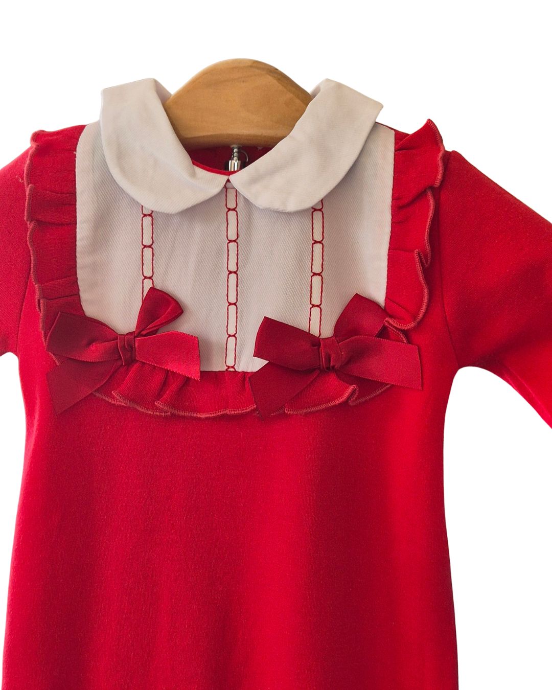 Traditional red baby sleepsuit with Peter Pan collar