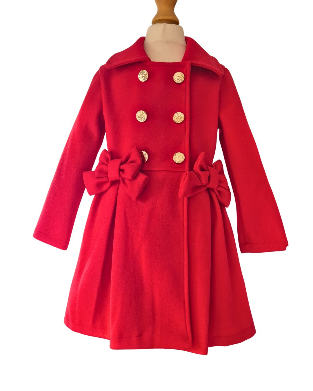 Girls red double bow coat with gold buttons