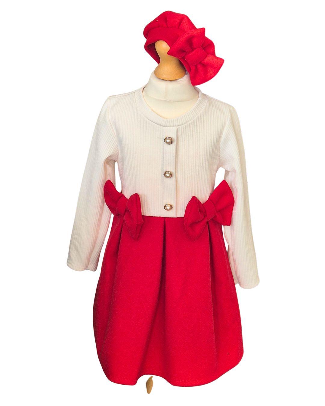 Girls red dress with double bows and matching hat
