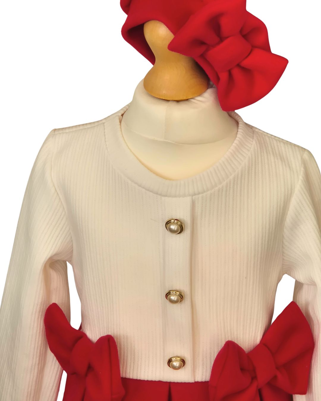 Girls red dress with faux gold and pearl-style buttons