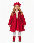 Girls red double bow dress with matching hat and coat