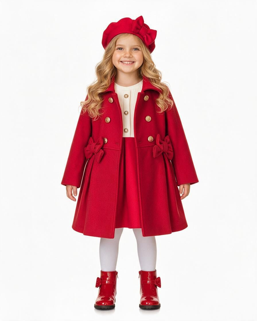 Girls red double bow dress with matching hat and coat
