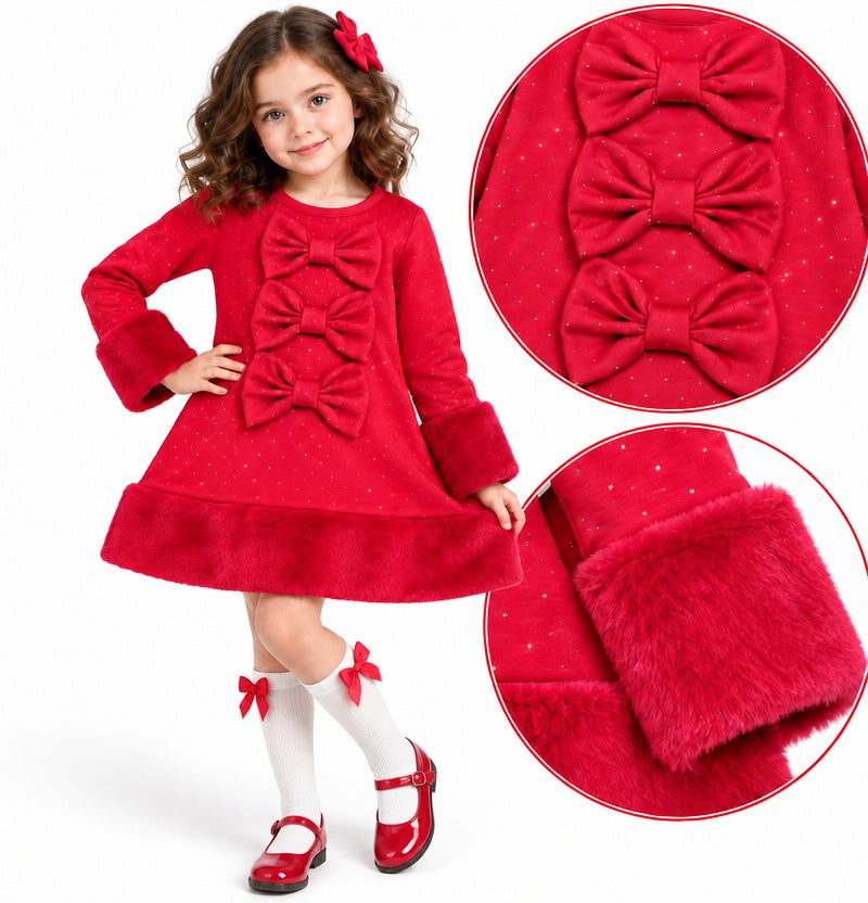 Girls sparkling red Christmas dress with faux fur trim