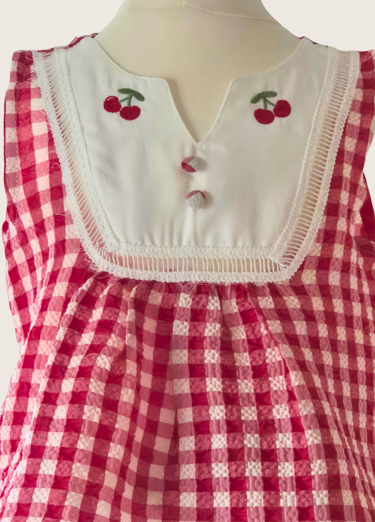 Red and white checkered top with embroidered cherries on a mannequin.