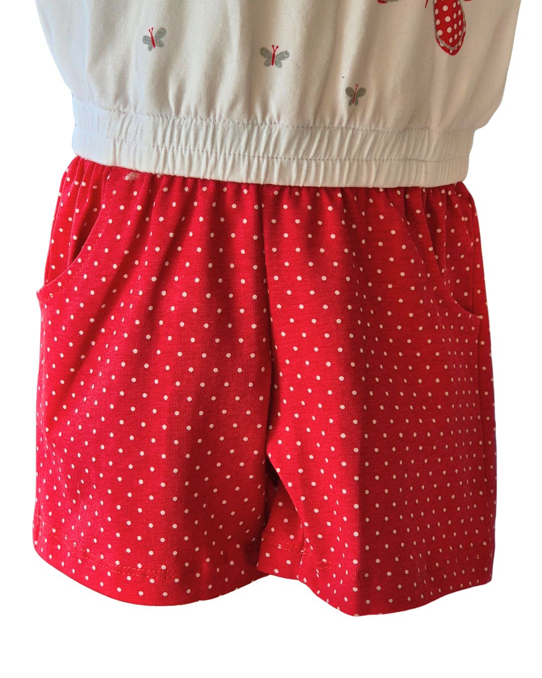 Girls summer playsuit with red shorts and white butterfly top