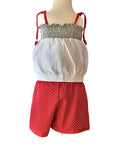 Kids holiday outfit red polka dot playsuit ages 3 to 6