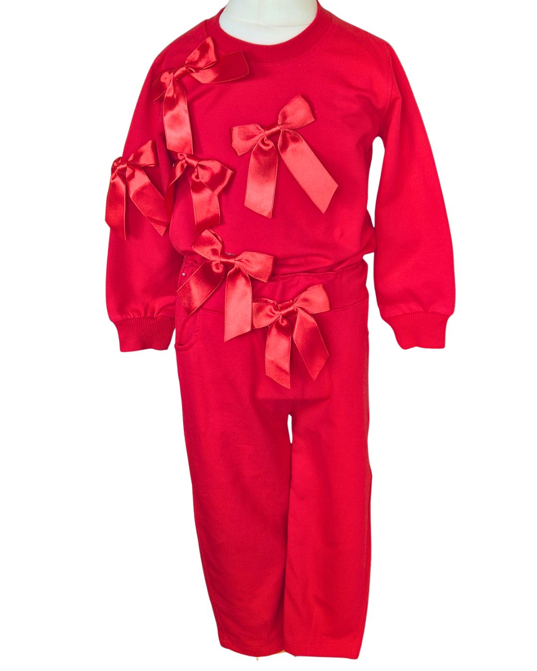 Girls red ribbon leisure suit by Neon Kids with satin ribbon detail