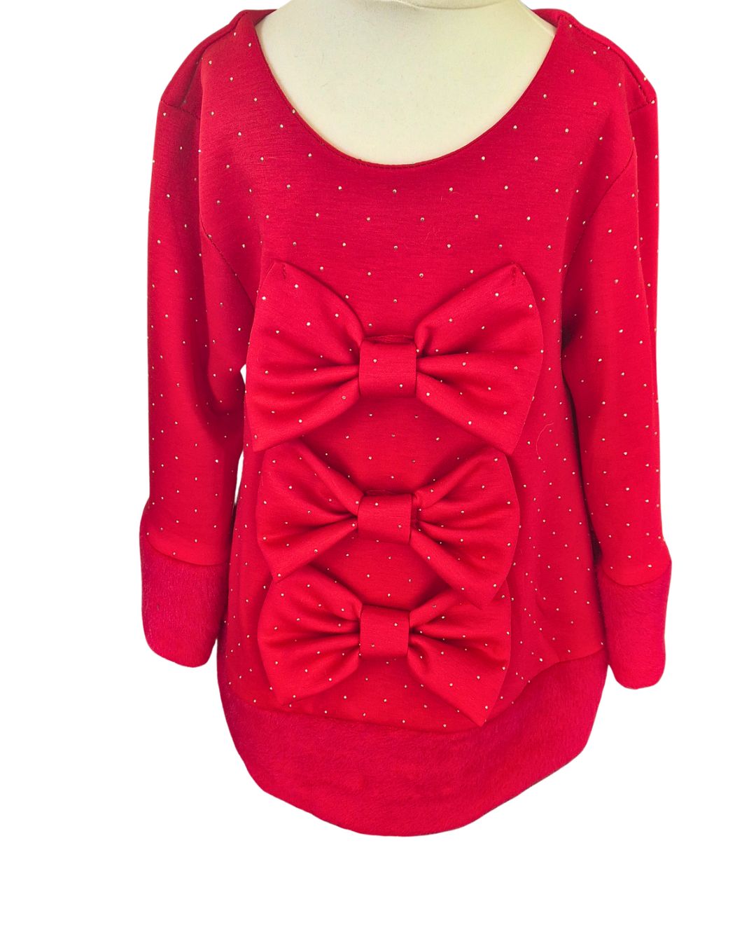 Girls red sparkle dress with three bows and faux fur trim