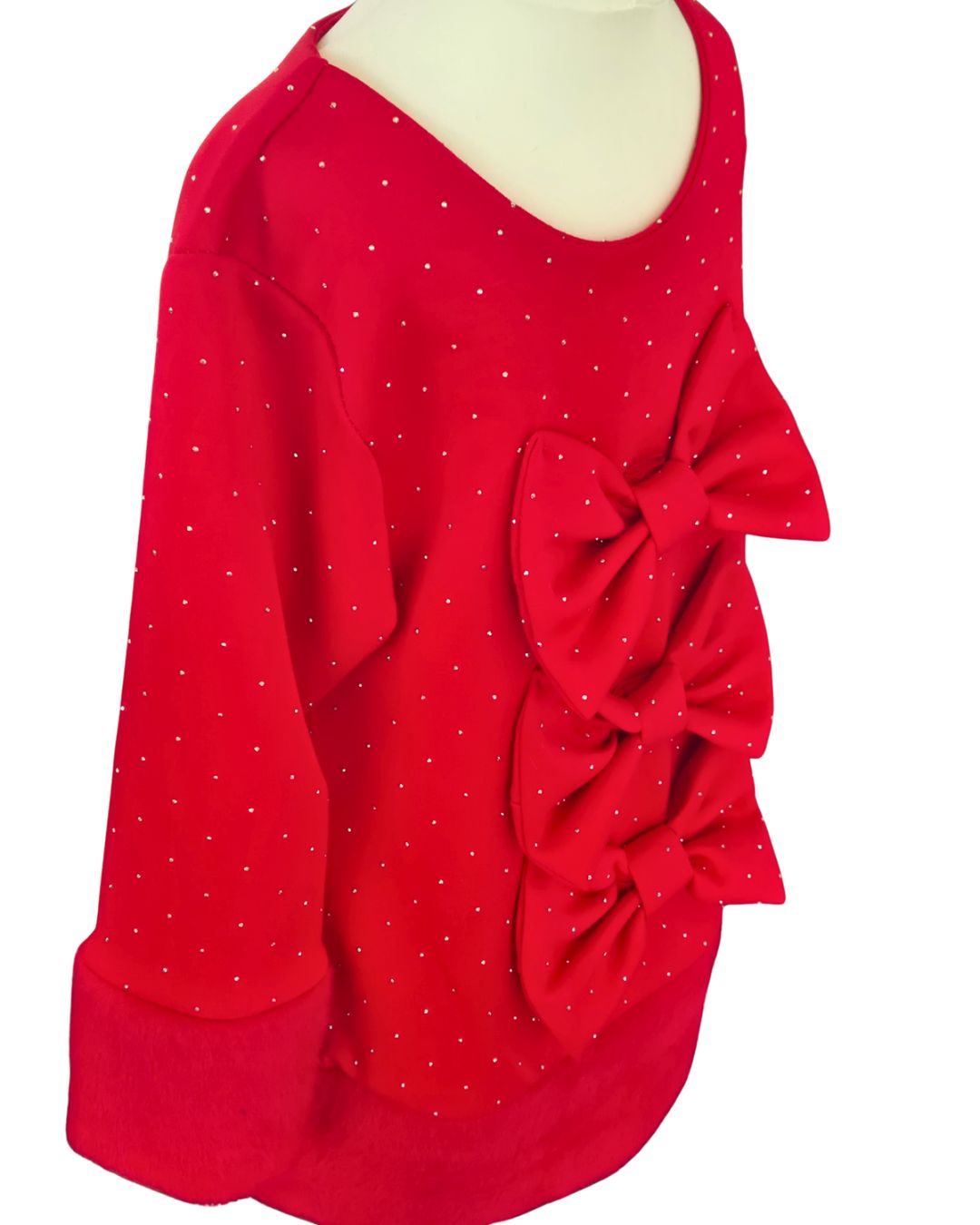 Girls long-sleeved red sparkle dress with three front bows