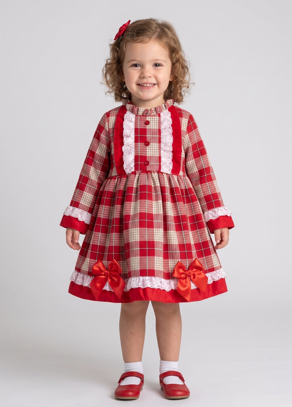 Girls red and beige tartan dress with frills and bows