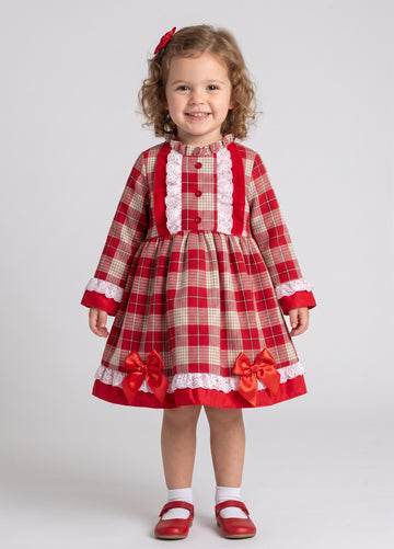 Girls red and beige tartan dress with frills and bows