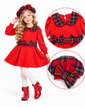Girls red festive dress and matching tartan hat