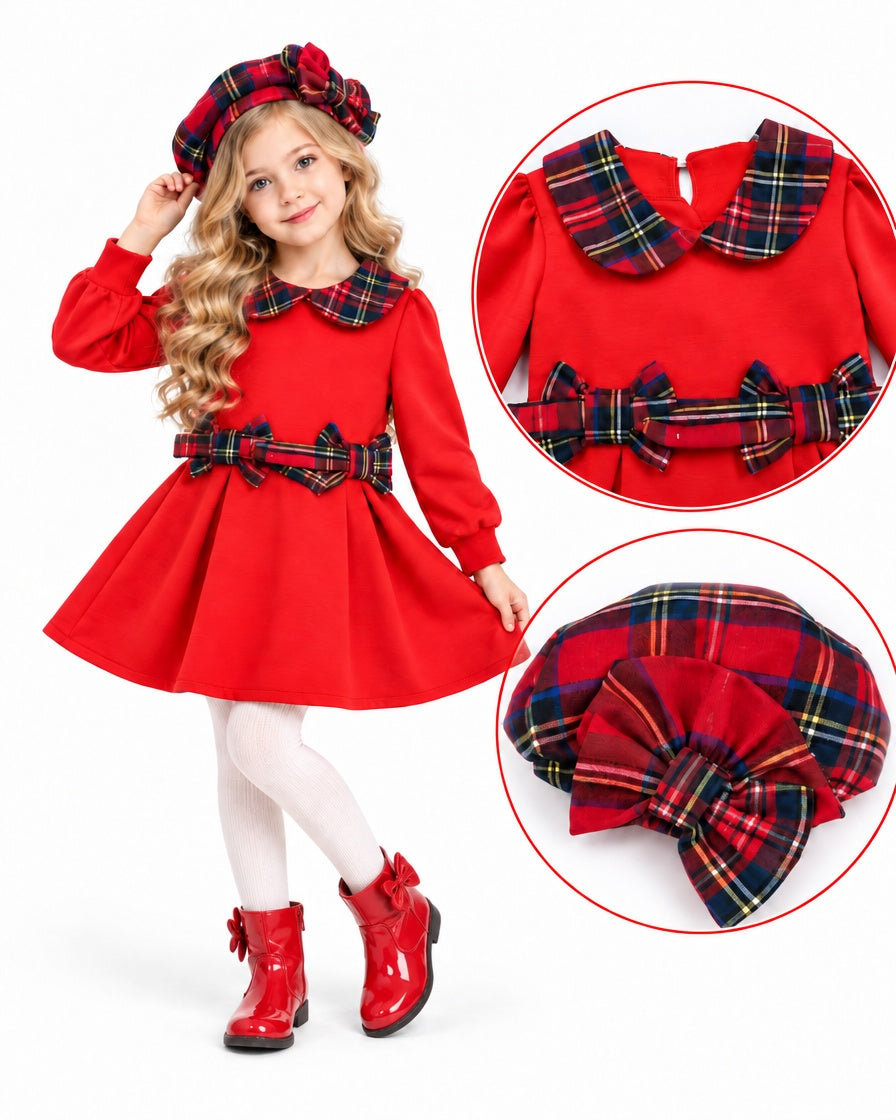 Girls red festive dress and matching tartan hat