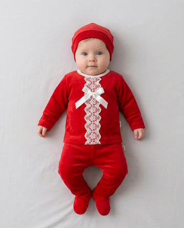 Red Outfit of Trousers, Top and Hat in a Spanish Style