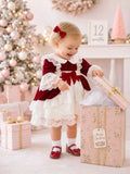 Girls red velvet Christmas dress with lace sleeves