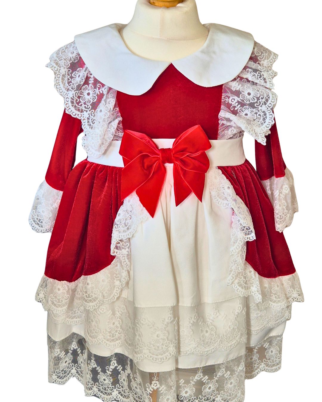 Girls red velvet and ivory lace Christmas dress