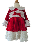 Girls red velvet and ivory frill Christmas dress