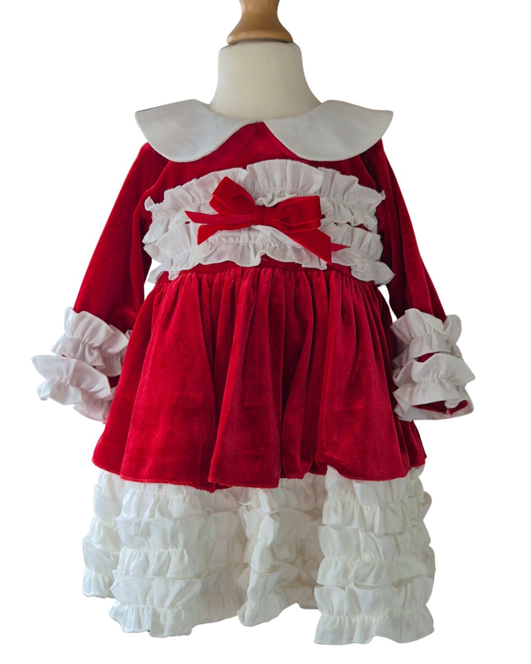 Girls red velvet and ivory frill Christmas dress