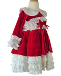Girls red velvet princess dress with ivory ruffles