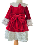 Girls red velvet festive dress with oversized bow