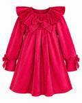 Girls’ ruby red velvet dress with frill neckline