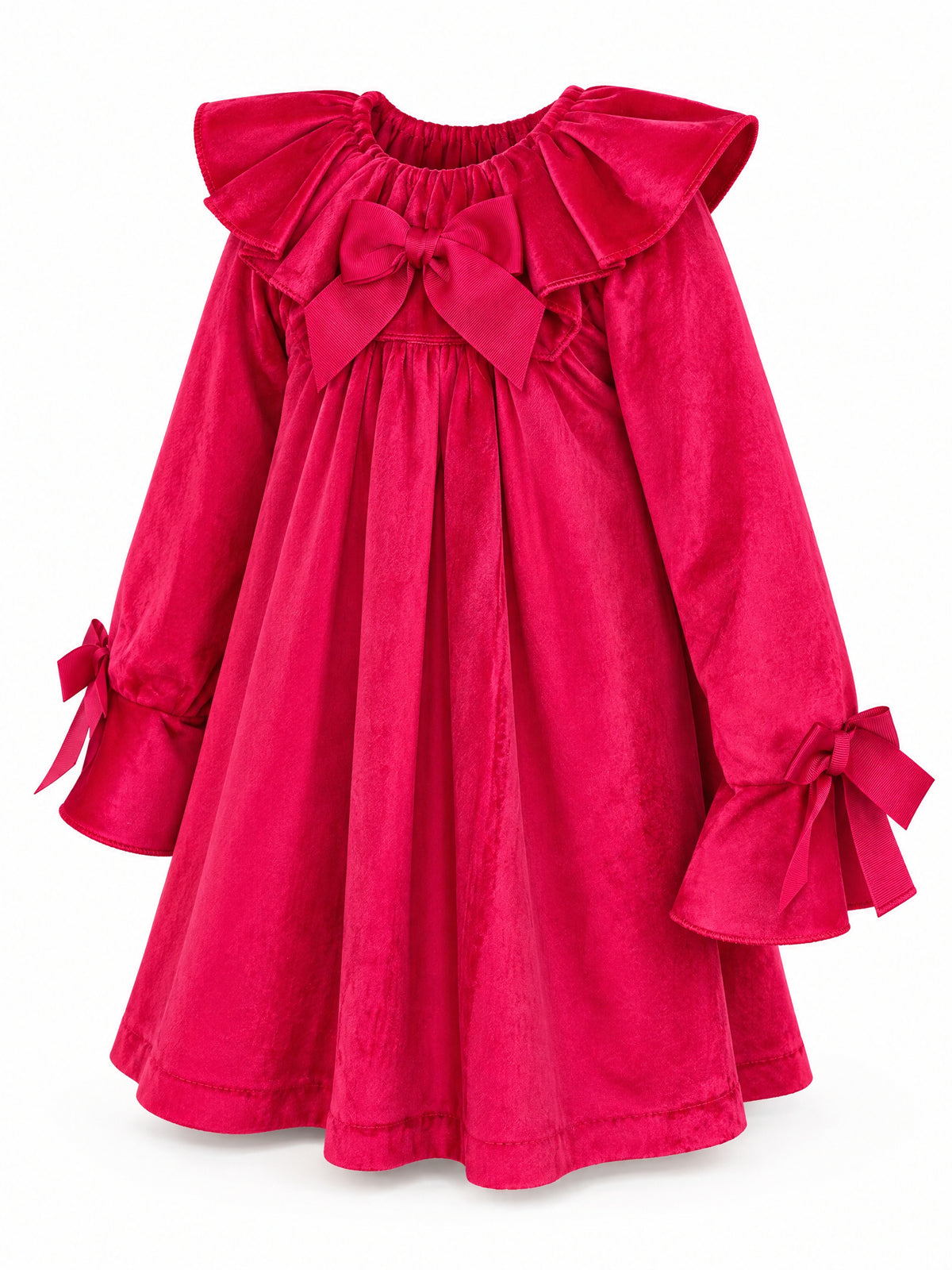 Girls’ festive ruby red dress with grosgrain ribbon bows