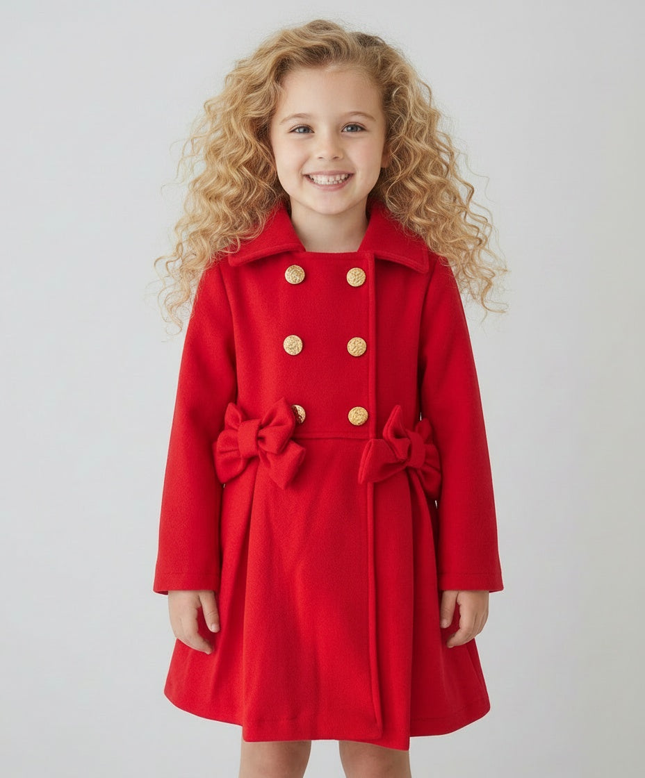 Girls red double bow coat with gold buttons