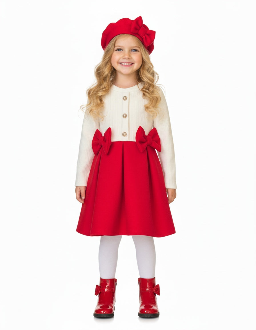 Girls red dress with double bows and matching hat