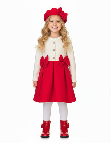 Girls red dress with double bows and matching hat
