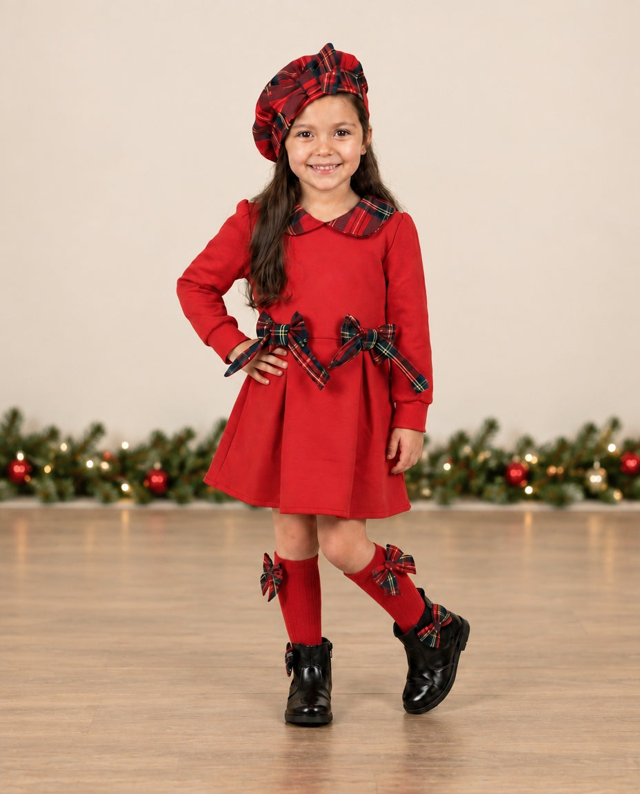 Girls red tartan dress with matching beret-style hat