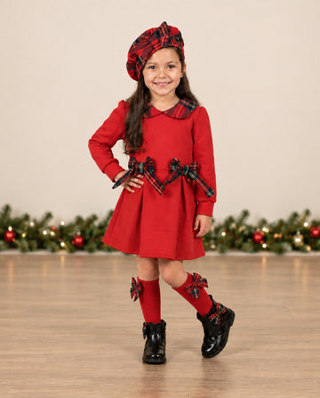 Girls red tartan dress with matching beret-style hat