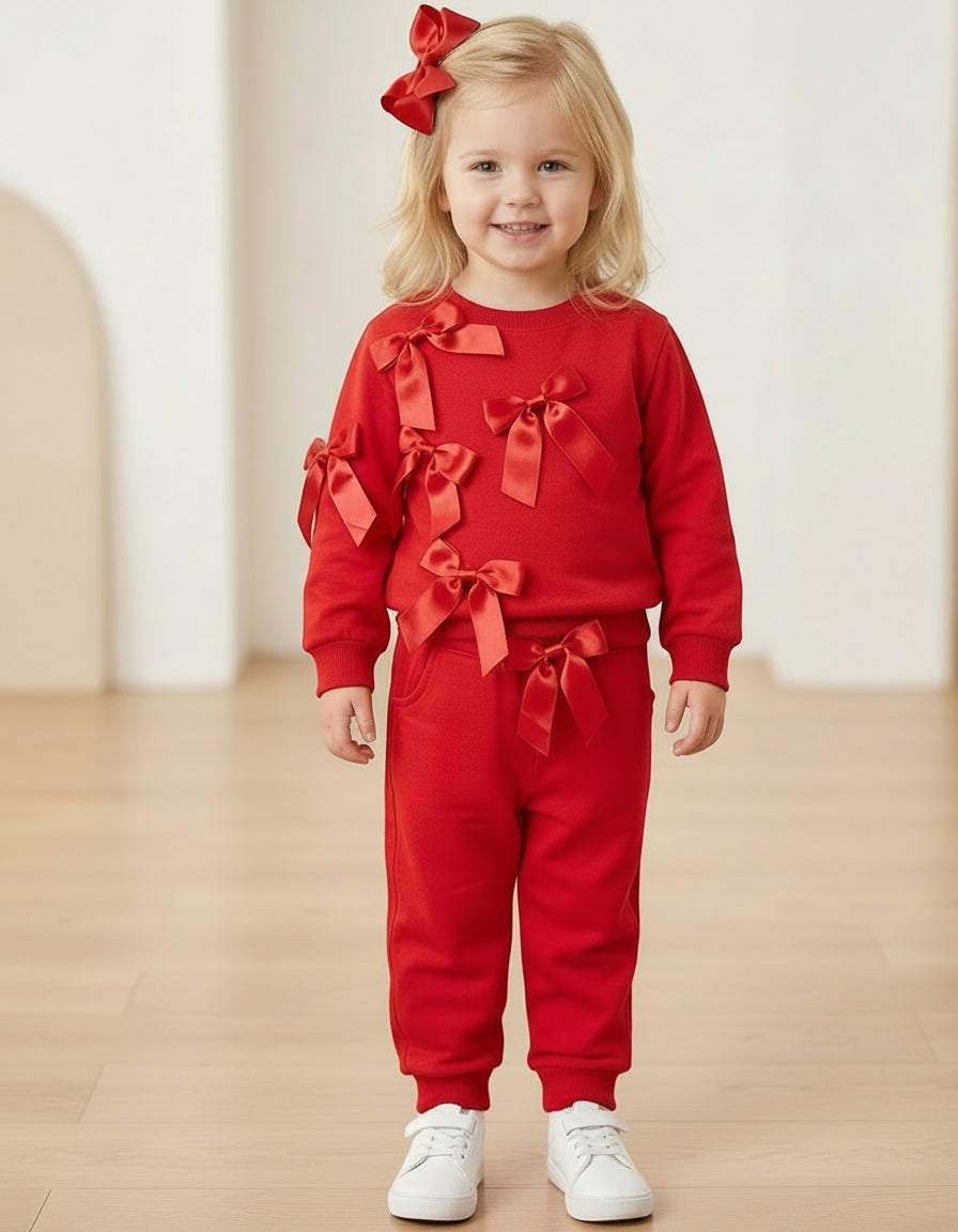 Girls red ribbon leisure suit by Neon Kids with satin ribbon detail