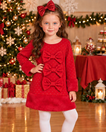 Girls red sparkle dress with three bows and faux fur trim