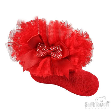Red baby sock with tutu tulle frill and bow on a white background
