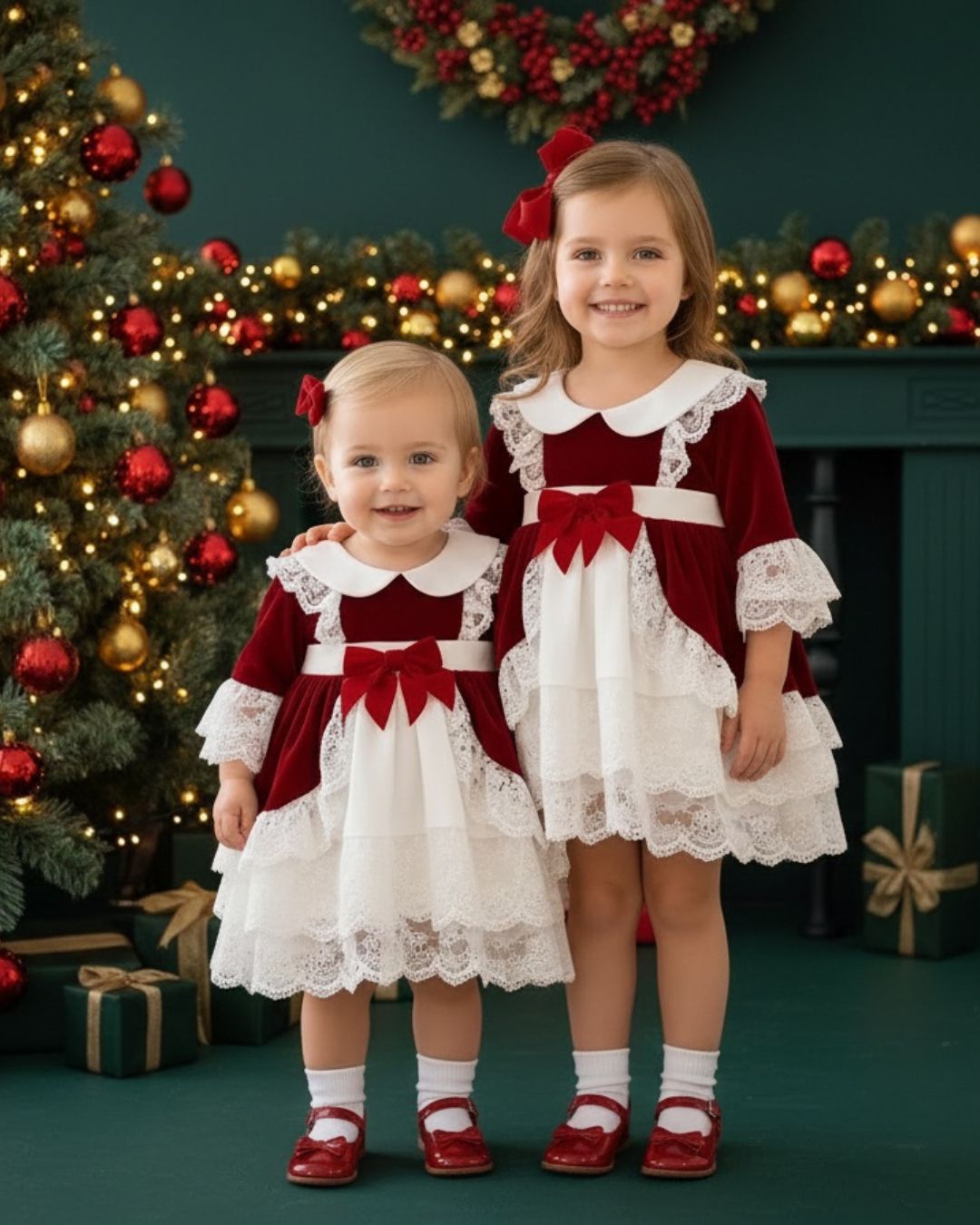 Girls red velvet and ivory lace Christmas dress