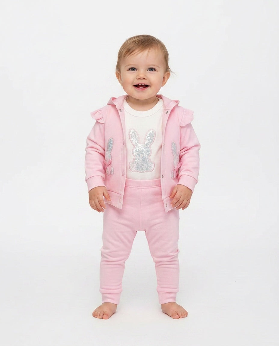 Baby girls pink 3 piece sequin bunny set with bunny ear hoodie
