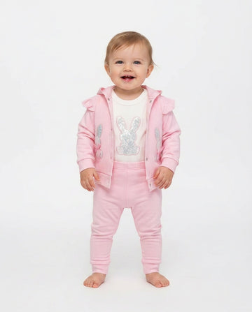 Baby girls pink 3 piece sequin bunny set with bunny ear hoodie