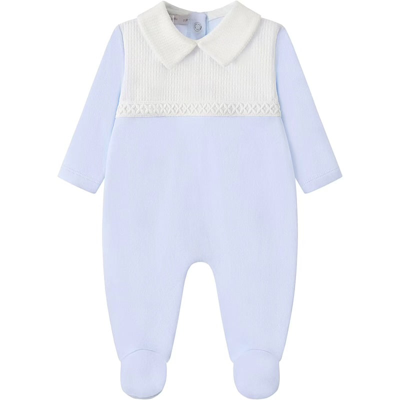 Sky blue baby boy sleepsuit with lace detail